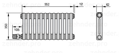 Схема (чертеж) Радиатор Zehnder Charleston 2035/12 №V003 Белый глянцевый RAL 9016